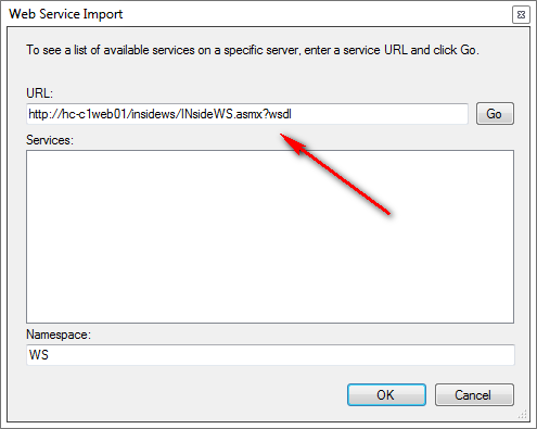 Screenshot of the Web Service Import window.
