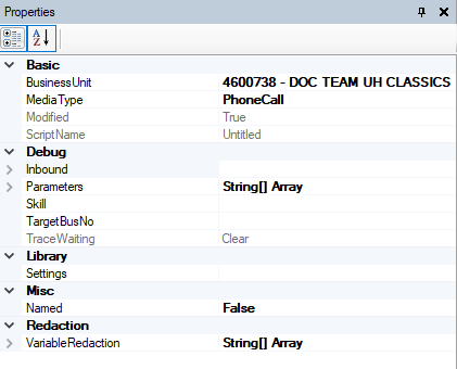 The script Properties tab. 