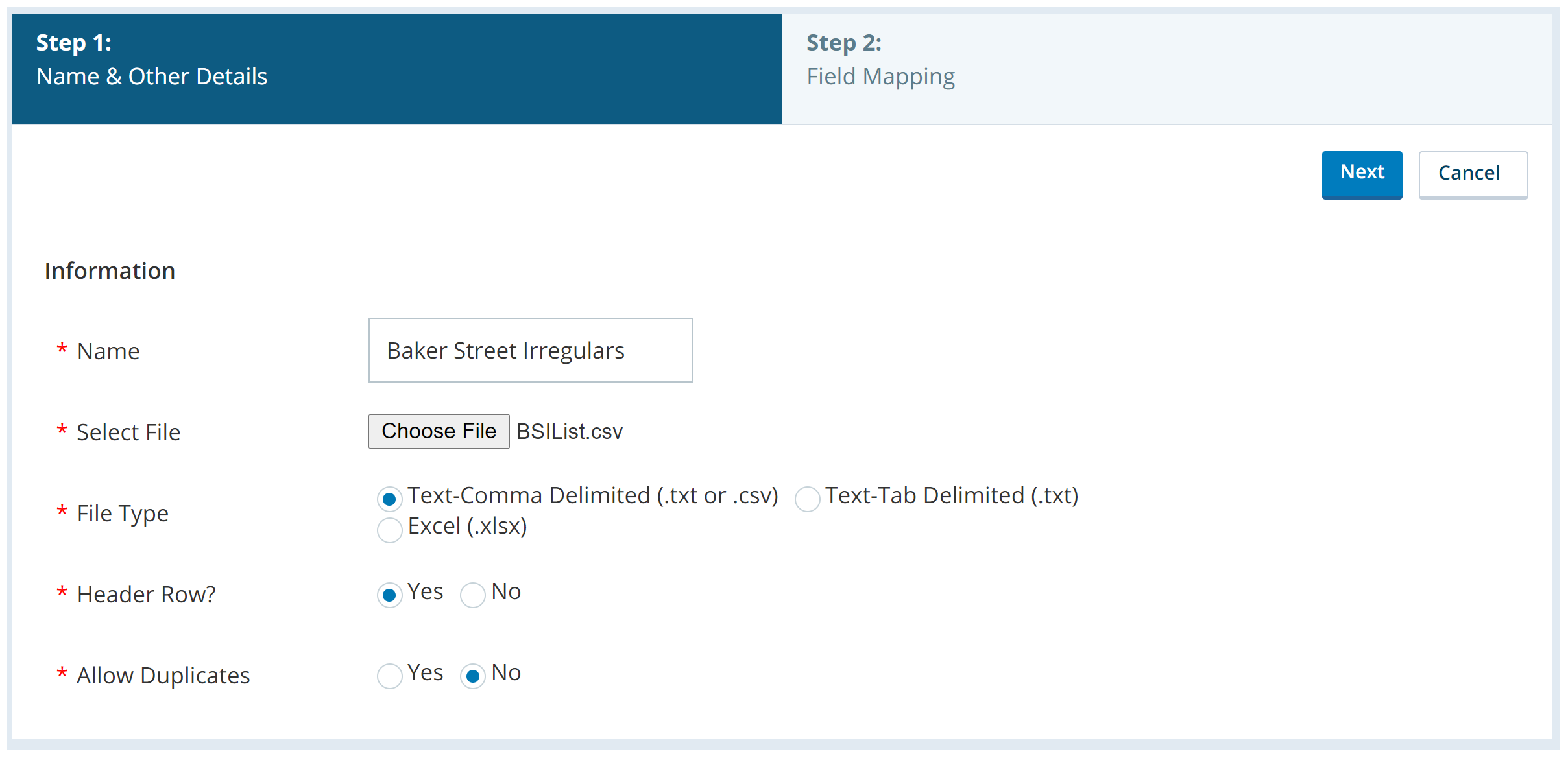 Image of the first screen to complete when uploading a contact file for an address book