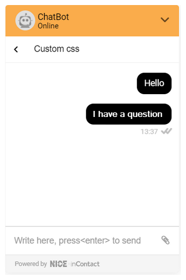 An example of how the custom CSS sample code changes the chat window, showing the background of each message being black. 