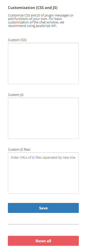 Screenshot of the fields where you can enter CSS and JS to customize your chat widget.