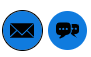 Two round blue buttons. One contains an envelope icon and the other a chat bubble icon.