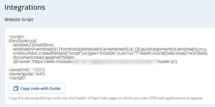 Shows the integration code that you copy and then paste into the headers where you want to offer Guide