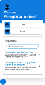 An example Customer Portal template that shows buttons for the chat and email channels followed by two CXone Expert articles.
