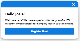 A proactive offer that uses the current value for a visitor variable in the headline. The name Josie appears instead of the default value.