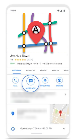 An example of the chat icon in a business listing in Google. This is the icon customers would use to chat with your organization via your Google Business Messages channel. 