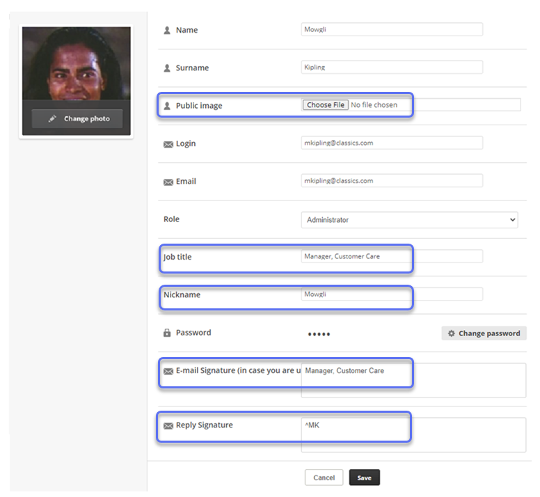 The user profile page in Digital Experience, with the fields you can modify in Digital Experience highlighted. Those fields are: Public Image, Job Title, Nickname, Email Signature, Reply Signature.