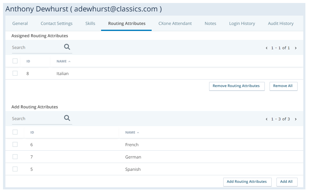 Shows an image of the Routing Attributes tab in a user account. The user has been assigned a routing attribute named French.