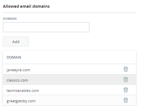 Image of an allowed email domains list, including a field to add more domains.