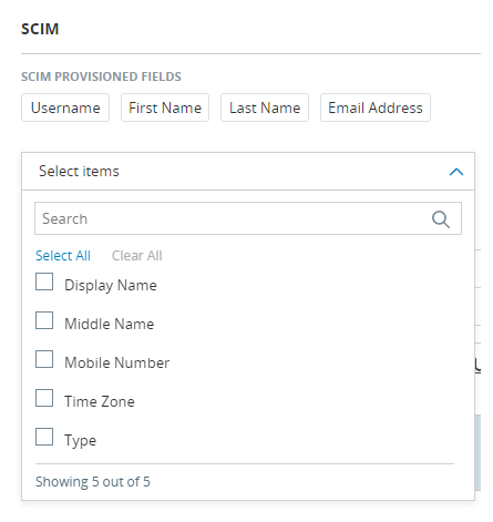 Image of SCIM provisioned fields dropdown on the Manage Account Settings page.