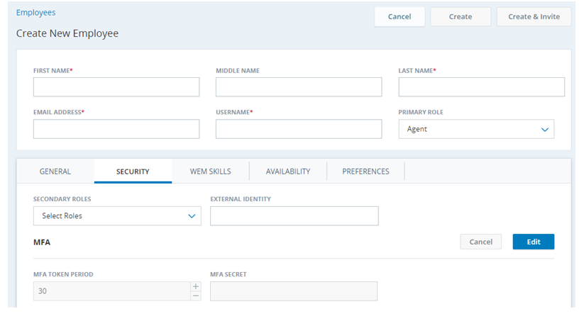 Image of Create New Employee page, showing the MFA fields in the Security tab.