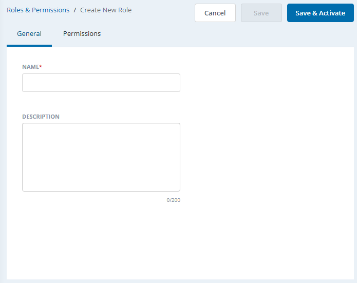 The Create New Role page, showing the General tab.