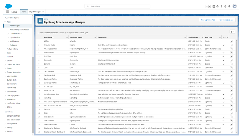 Image of Lightning Experience App Manager in Setup, including a list of apps with an action icon for each app on the right of the page.