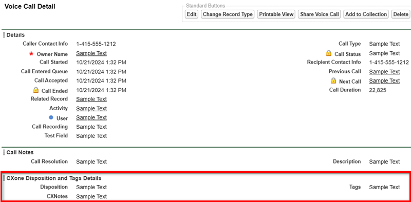 On the Page Layouts screen, a section is created under Voice Call Detail called CXone Mpower Disposition and Tags Details.