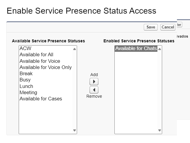 The Enable Service Presence Status Access form. Available Statuses on the left, Enabled Statuses on the right. Options to Add and Remove in the middle.