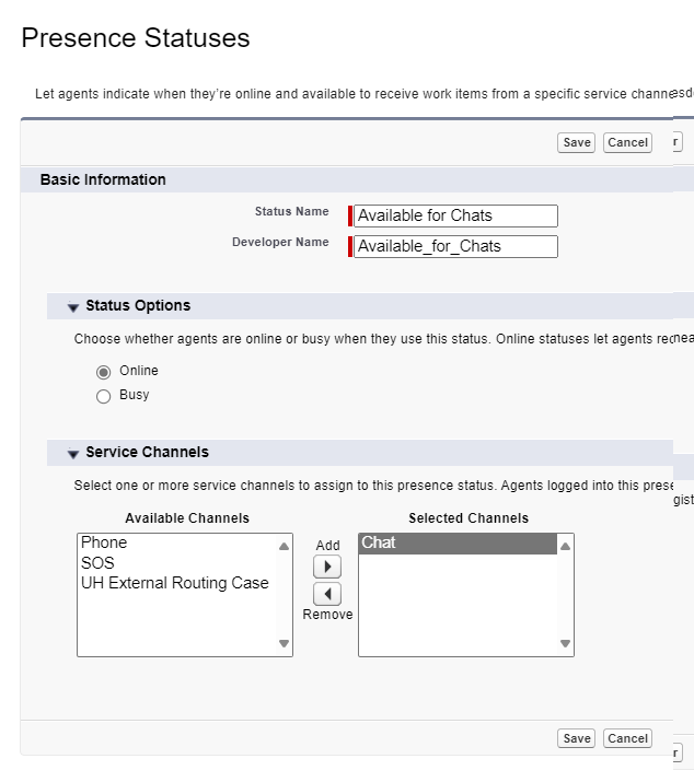 The Presence Statuses form, with fields for Status Name, Developer Name, and sections for Status Options and Service Channels.