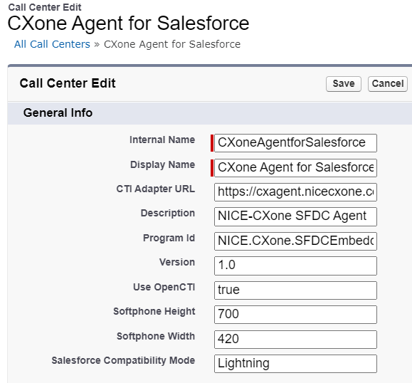 The Call Center Settings in Salesforce.