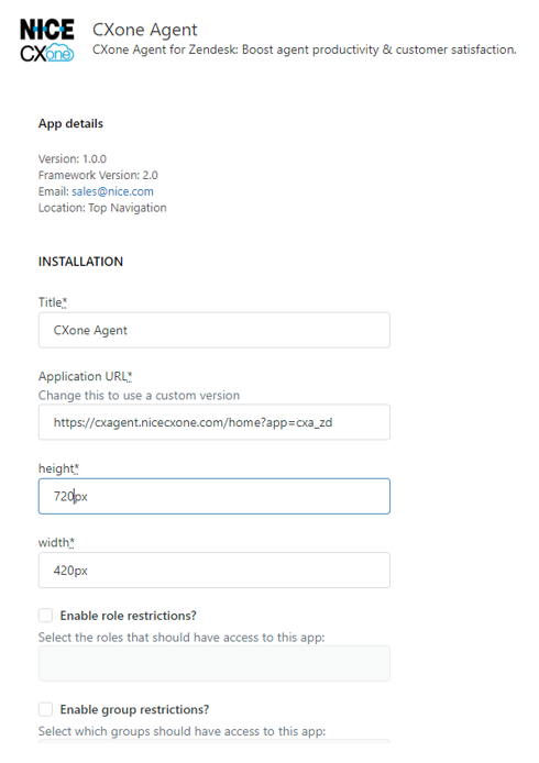 The Agent form, showing fields for Title, Application URL, height, width, enable role restrictions, and enable group restrictions.