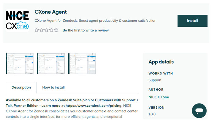 The Agent Zendesk Marketplace listing. Provides overview information of the app and a button to Install.