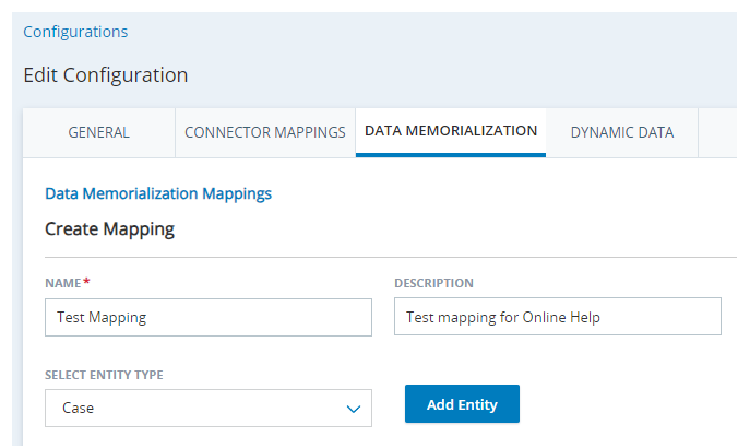 The Data Mapping tab on the Configurations page in CXone, with fields for Name, Description, and Select Entity Type, as well as a + Add Entity button.