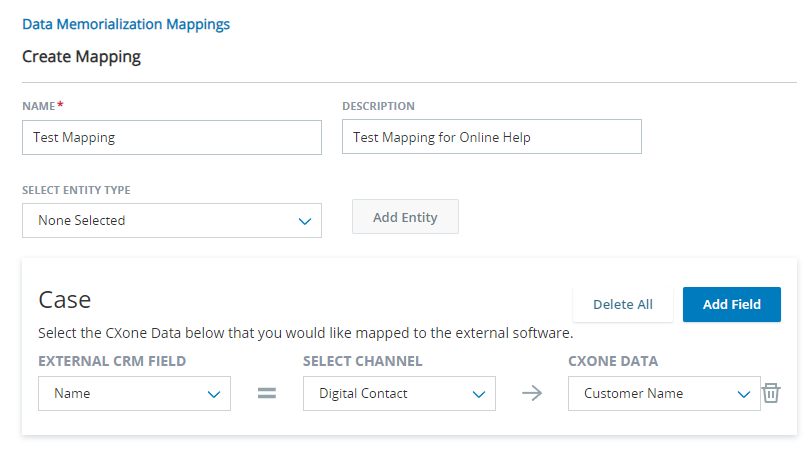 The Data Mapping tab, showing a box for a Case entity type and an Account entity type. Each has fields for External CRM, Select Channel, and CXone data field.