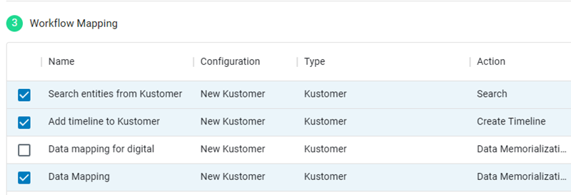 In the Workflow Mapping section, Search entities from Kustomer and Data Memorialization are selected.