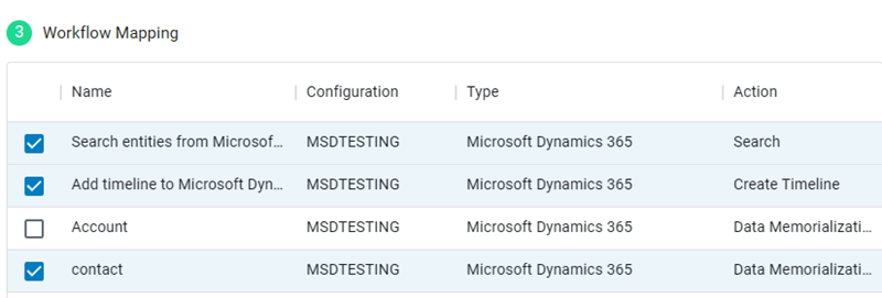 In the Workflow Mapping section, Search entities from Microsoft Dynamics and Data Memorialization are selected.