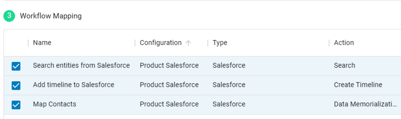 In the Workflow Mapping section, Search entities from Salesforce and Data Memorialization are selected.