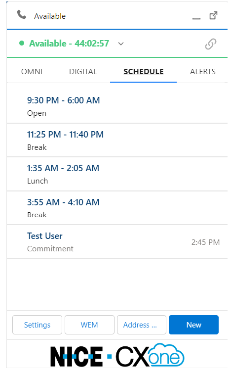 The Schedule tab in Salesforce Agent Lightning, showing past and upcoming commitments and events.