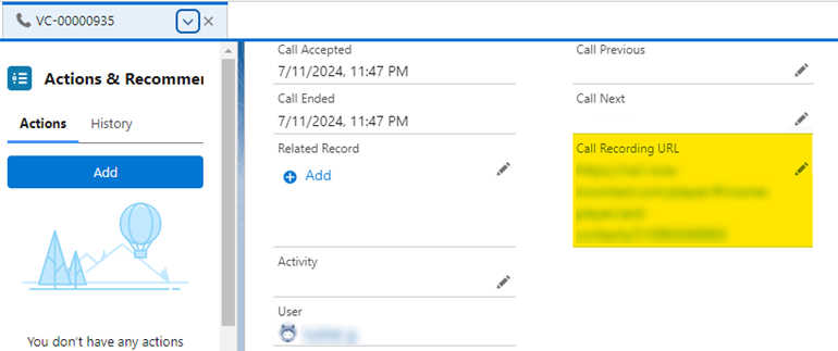 A Voice Call record is open in Salesforce. In the Voice Call Layout section, the Call Recording URL field is highlighted.