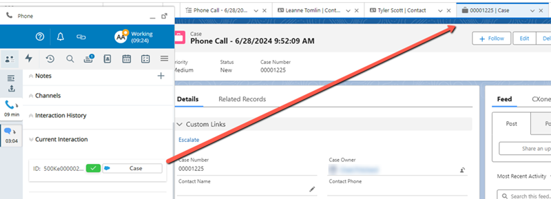 The case record in the Current Interaction section in Agent Embedded is open in Salesforce.