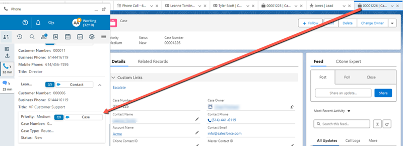 A case record is selected in Salesforce. The interaction for it opens in Agent Embedded.