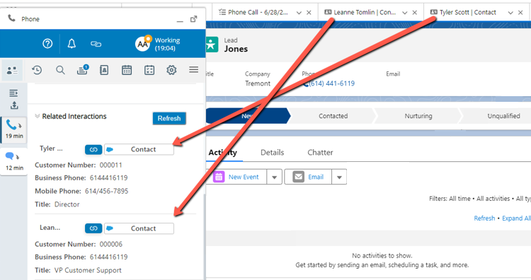 The contact records in the Related Interactions section in Agent Embedded is open in Salesforce but not focused.