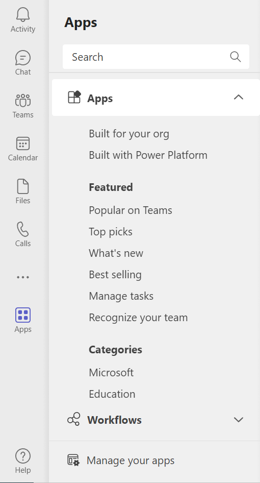 The Apps menu in Microsoft Teams, with a Search box at the top.