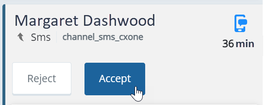 An inbound SMS. Shows the contact name, SMS icon, queue time, and reject and accept buttons.