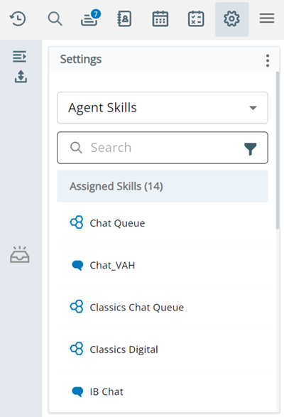 The Agent Skills page in Settings, showing a search bar, a filter icon, and a list of the skills you're assigned to.