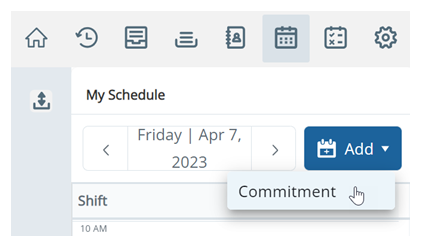 In Schedule, the user has clicked Add, and their cursor hovers over Commitment.