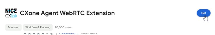 The Agent WebRTC Extension in the Chrome Webstore. The cursor hovers over Get.