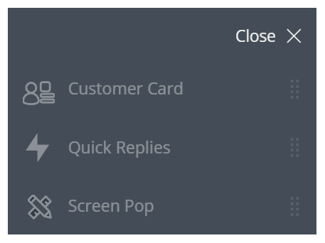 The top of the Menu displays apps in gray font. This example lists Customer Card, Quick Responses, and Screen Pops.