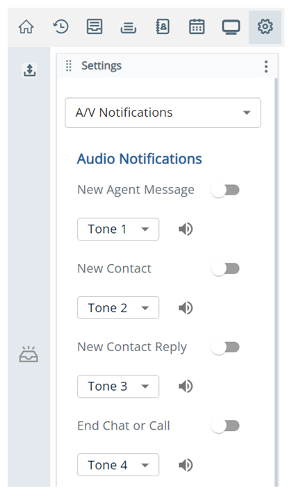 The Audio Notifications section, with options for New Agent Message, New Contact, New Contact Reply, and End Chat or Call.