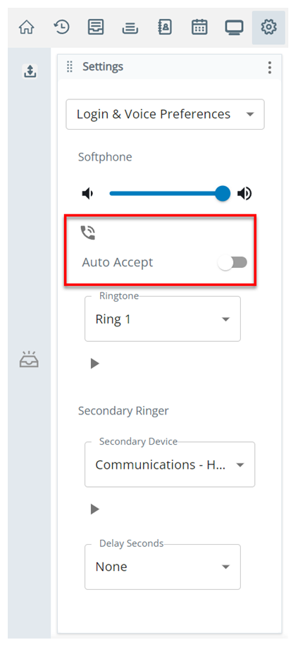 Auto Accept is under the Softphone section on the Login and Voice Preferences page in Settings.