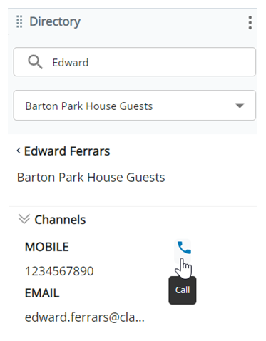 A name is searched. The contact's name appears. Under the Channels drop-down, their phone number appears. The cursor hovers over the icon of a phone.