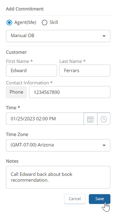The Commitment form, with fields for First and Last Name, Contact Information, Time, Time Zone, and Notes. Cancel and Save buttons are at the bottom.