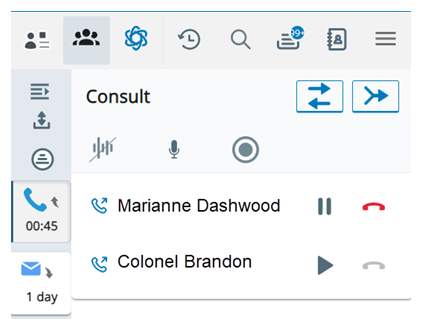 The Multi-party space is opened. Both contacts are shown in a consult, with options to mask, mute, and record.