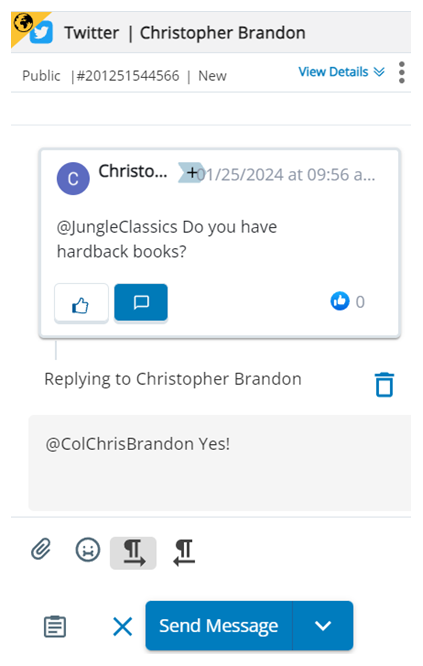 A contact's social platform comment. The Reply button is clicked. The contact's username is at mentioned in the text box.