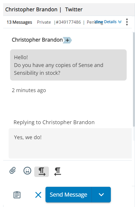 A social message draft, with the contact's message, a text box, and a send button.