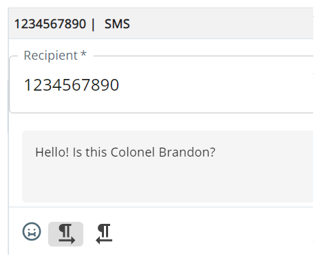 An SMS text message draft. Shows the contact's phone number, a text box, and a send button.
