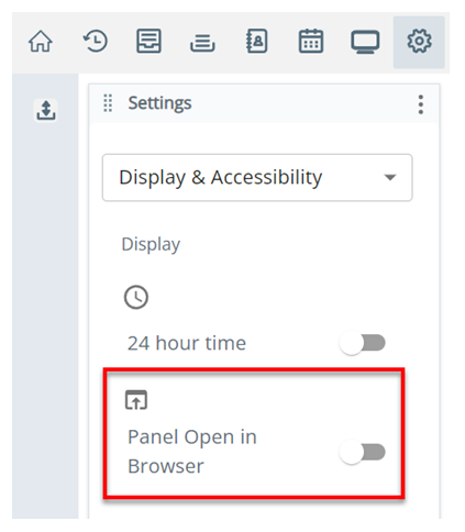 The Display and Accessibility page in Settings. The Panel Open in Browser setting is second from the top.