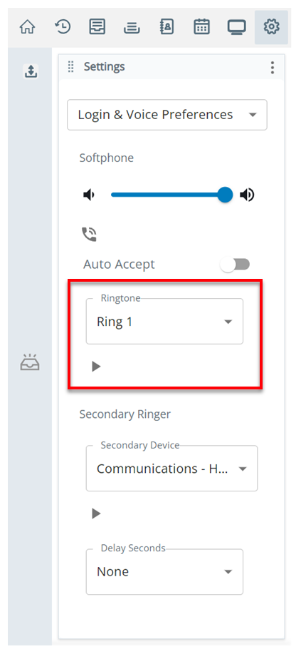 The Ringtone setting is in the Softphone section on the Login and Voice Preferences page in Settings.