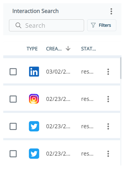 The Search space, showing a search bar, a button for Filters, and a table of results listing interactions.